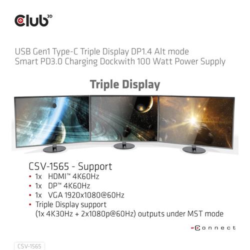 Club 3D USB Gen1 Type-C Triple Display DP1.4 Alt mode Smart PD3.0 Charging Dock with 100 Watt Power Supply