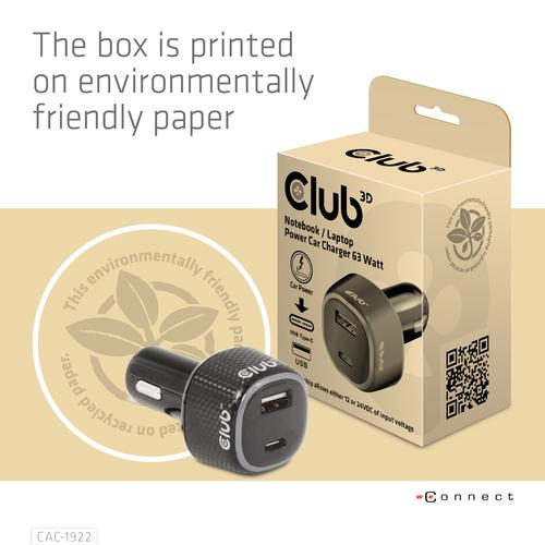 Club 3D Notebook / Laptop Power Car Charger 63 Watt/ 1USB A + 1USB C