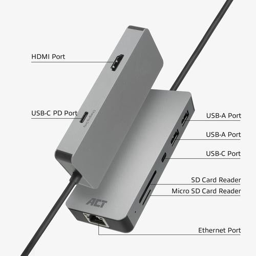ACT USB-C 4K docking station for 1 HDMI monitor Ethernet USB-C USB-A card reader and PD pass-through