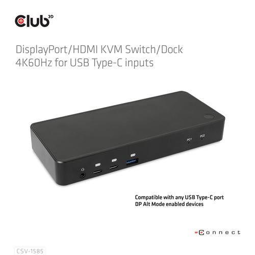 Club 3D DisplayPort/HDMI KVM Switch/Dock 4K60Hzfor USB Type-C inputs