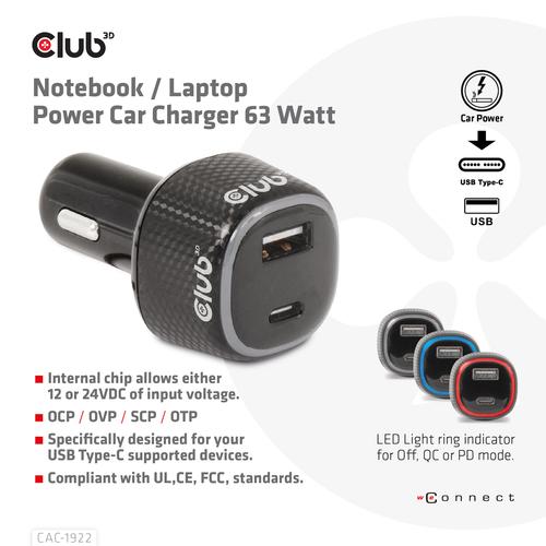 Club 3D Notebook / Laptop Power Car Charger 63 Watt/ 1USB A + 1USB C