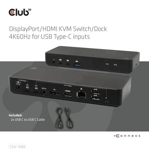 Club 3D DisplayPort/HDMI KVM Switch/Dock 4K60Hzfor USB Type-C inputs